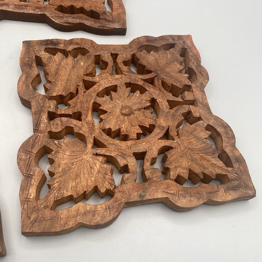 Vintage Hand Carved Wooden Trivets Hot Plates INDIA 3pcs 2 Large 1 Smaller - Picture 3 of 8
